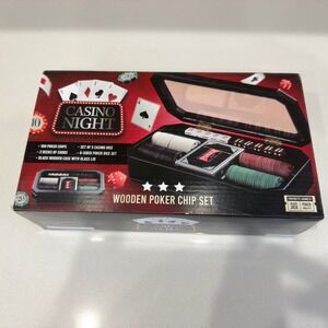 Casino Night Wooden Poker Chip Set 4 Chips 2 Decks Cards Dice Case Broken